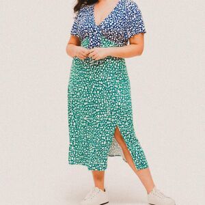 Eloquii Two-Tone Blue & Green Tie-Front Slit Midi Dress – Plus Size 26 Boho Chic